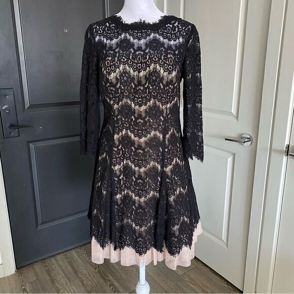 Betsy & Adam Black Lace Overlay A-line Tulle Lined Cocktail Party Dress Size 8 - Picture 1 of 10